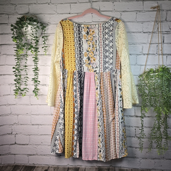 Bohemian Patchwork Long Sleeve Dress BY KORI BOHO PEASANT WOMENS SIZE M - Picture 4 of 7